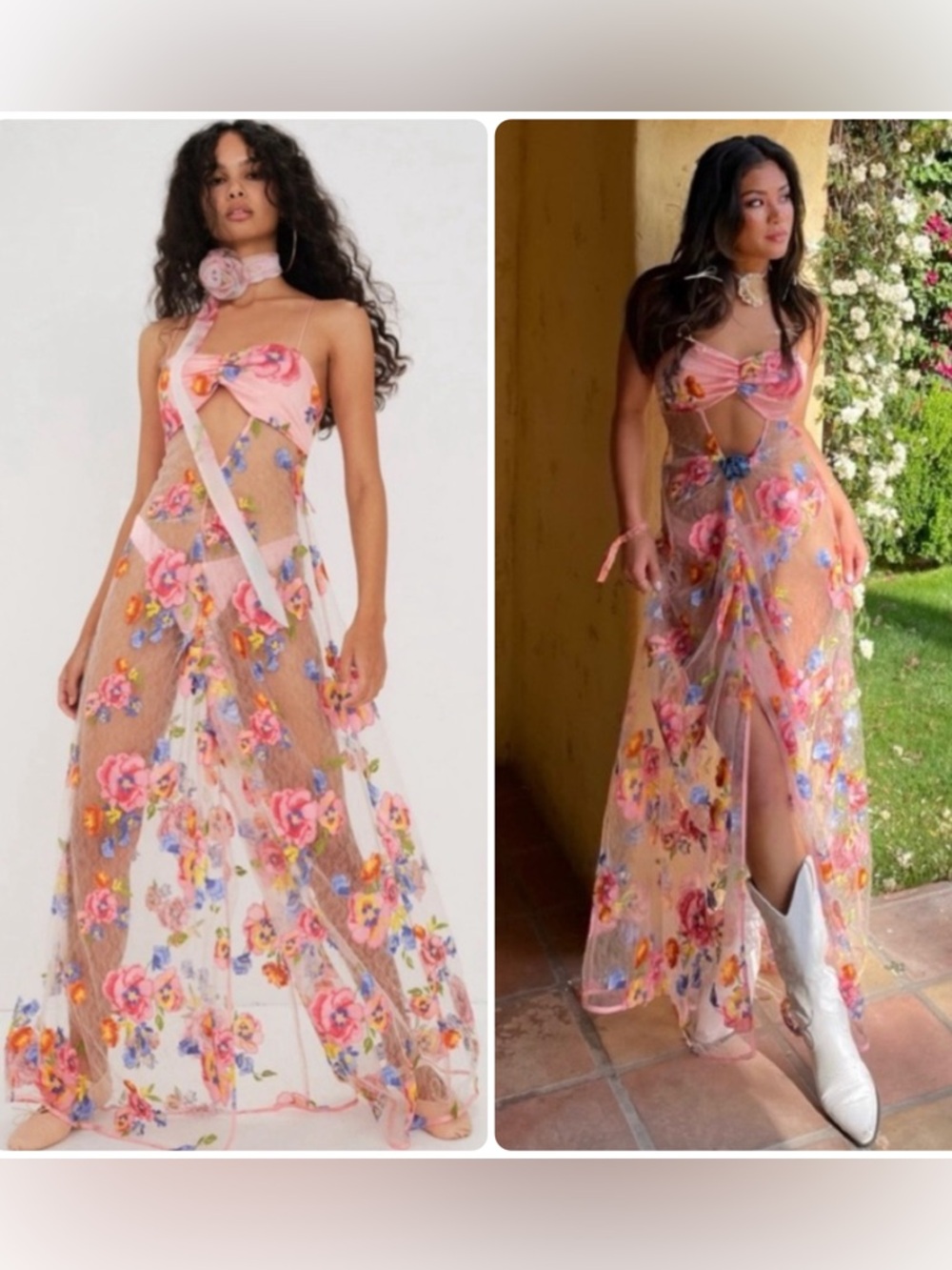 For Love & Lemons Delaney Floral Appliqué w Panty Sheer Maxi Dress NWT $349